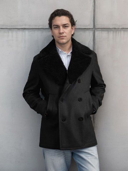 Herren Wollmantel Doppelreihen Teddyfellkragen Modern