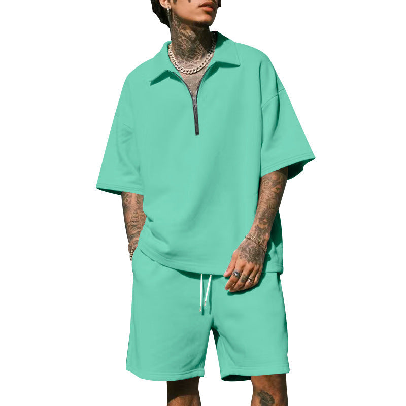 Herren Kurzarm-Set Bequem Modern Reißverschluss Shorts