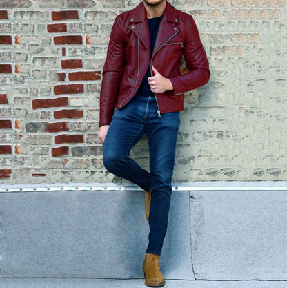 Lederjacke Herren Modern Asymmetrisch Reißverschluss Schwarz - BerlinGlamour