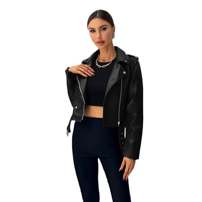 Lederjacke Damen Cropped Bikerstyle Schwarz