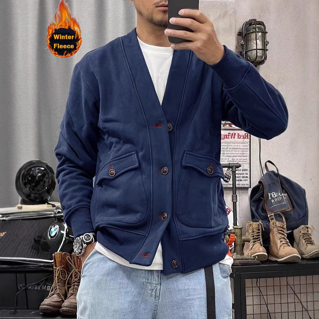 Herren Fleece-Cardigan Warm mit Knöpfen und Taschen