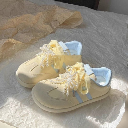 Damen Sneaker Komfortabel Elegant Perlen Dekoration