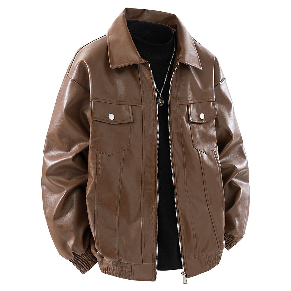 Herren Lederjacke Klassisch mit Brusttaschen Schwarz