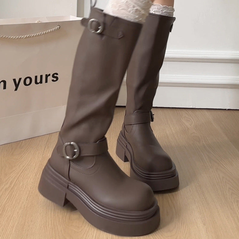 Damen Stiefel Kniehoch Schnalle Detail Modern - BerlinGlamour