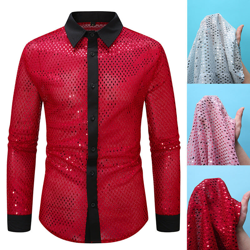 Herren Hemd Langarm Elegant mit Glanz Effekt und Schwarzer Kragen