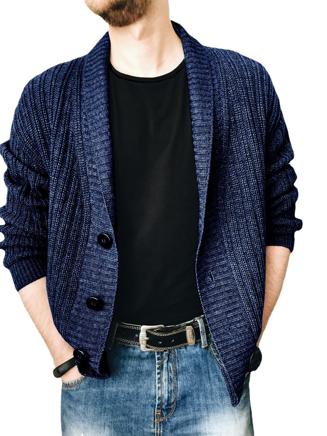 Herren Strickjacke Modern Schalkragen Knöpfe Schwarz