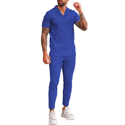 Herren Freizeit Set Kurzarm Polohemd schmale Hose Elegant