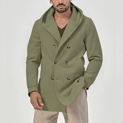 Herren Mantel Doppeltknopf Elegant mit Kapuze und Taschen