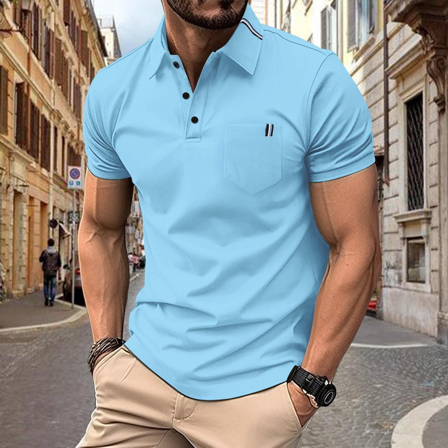 Herren Polohemd Kurzarm Modern mit Knöpfen und Brusttasche