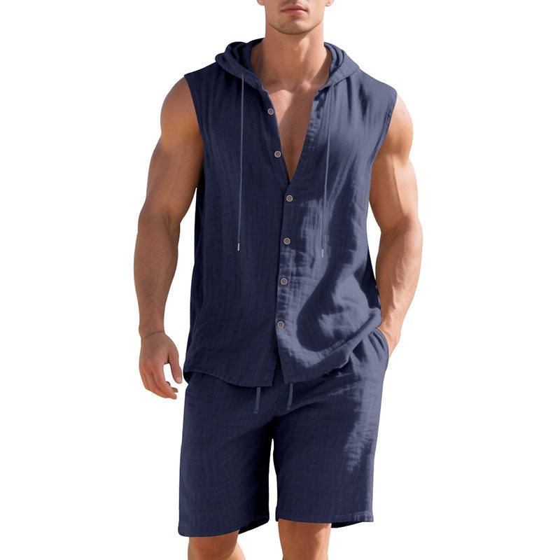 Herren Sportshemd Kurzarm mit Kapuze und Shorts Casual