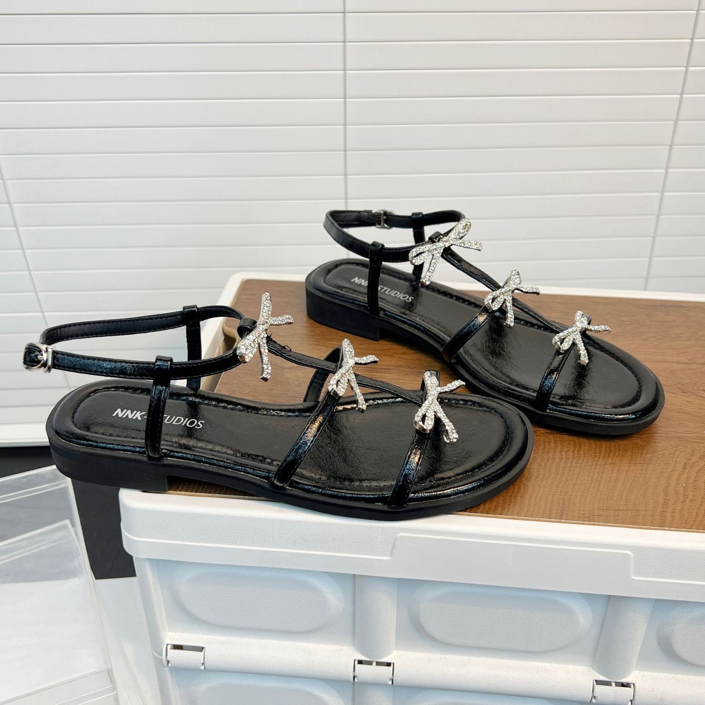 Damen Sandalen Elegante Glitzer Schleifen Verstellbar