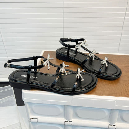 Damen Sandalen Elegante Glitzer Schleifen Verstellbar