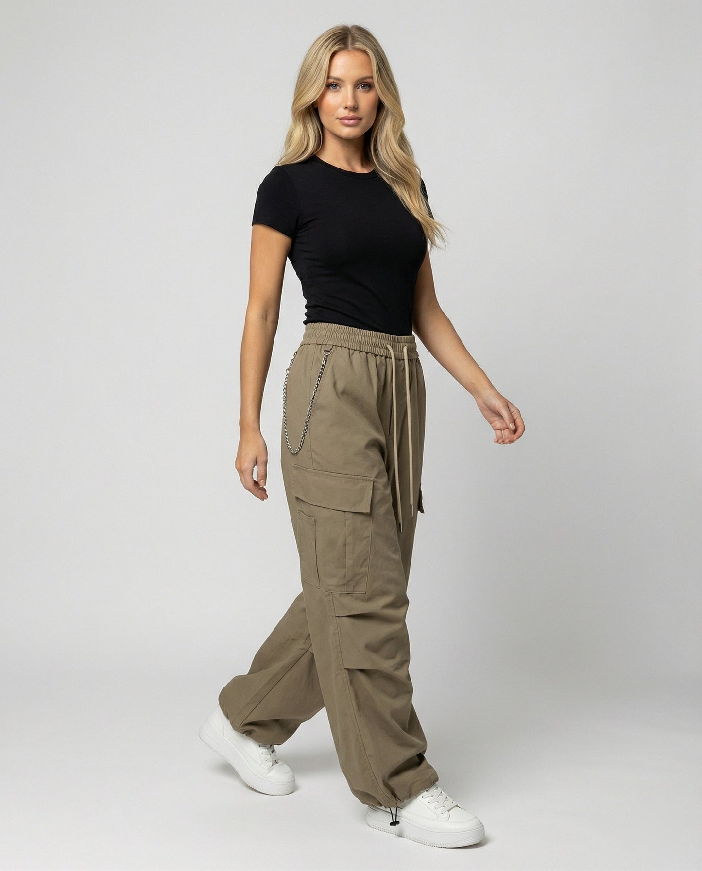 Damen Cargo-Hose Weit Bequem mit Kordelzug und Saumverstellung