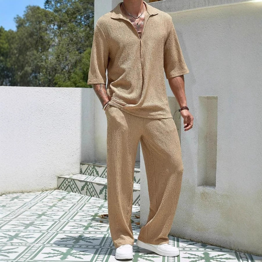 Herren Freizeitanzug Bequem Relaxed Fit mit Struktur Oberteil und Weite Hose