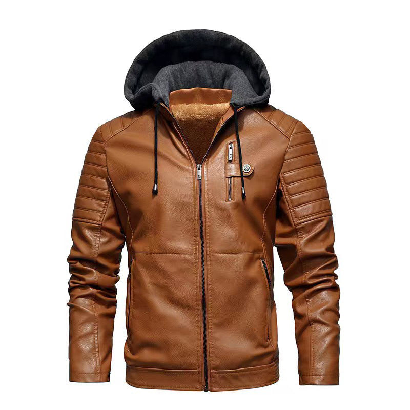 Herren Lederjacke mit abnehmbarem Kapuzenfutter Schwarz Ledermantel