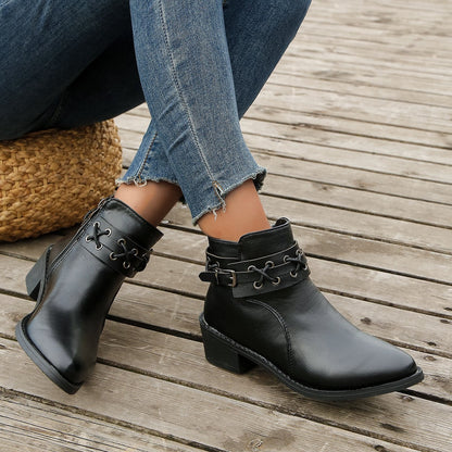 Damen Stiefeletten Schnür-Detail Modisch Schwarz - BerlinGlamour