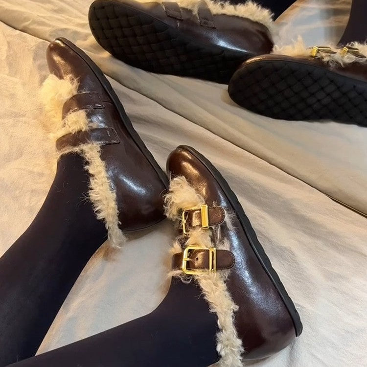 Damen Clogs Kuschelig Kunstfell Schnallen Modisch