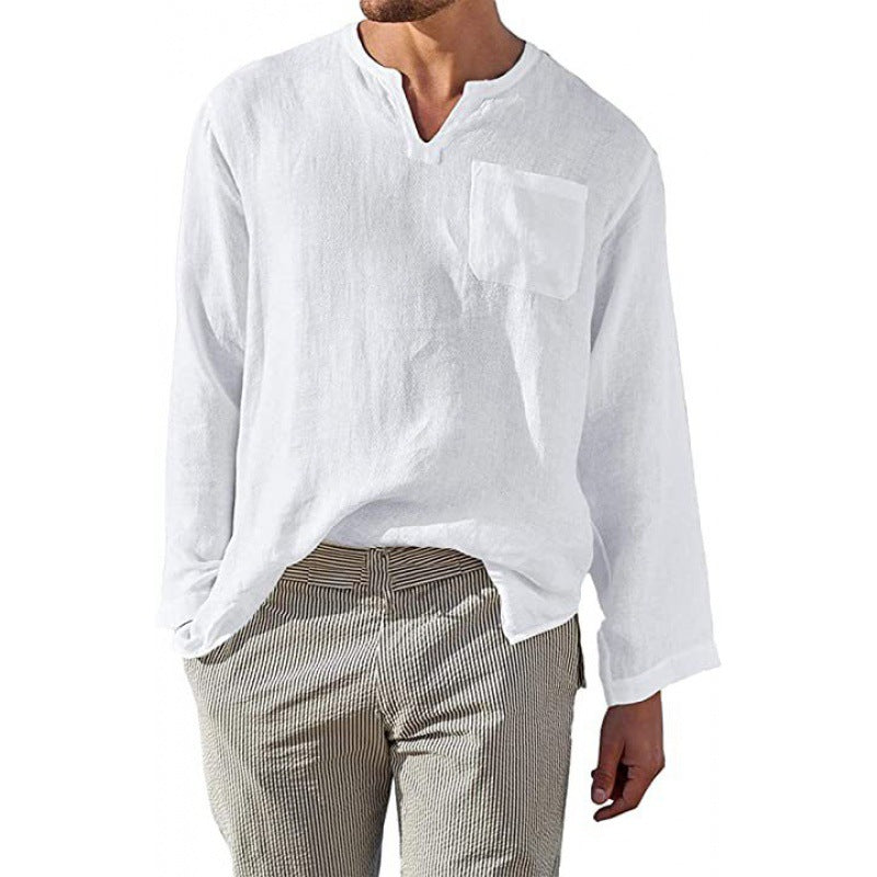 Herren Leinenhemd Langarm V-Ausschnitt Elegant