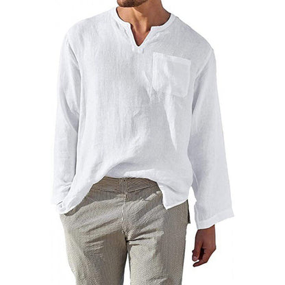 Herren Leinenhemd Langarm V-Ausschnitt Elegant