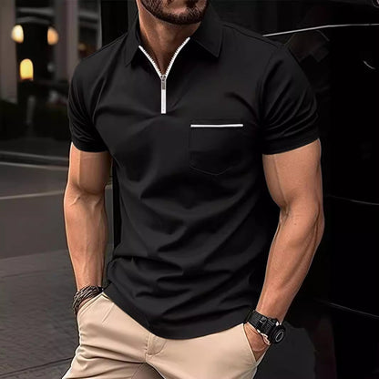 Herren Poloshirt Kurzarm mit Reißverschluss und Brusttasche Modern