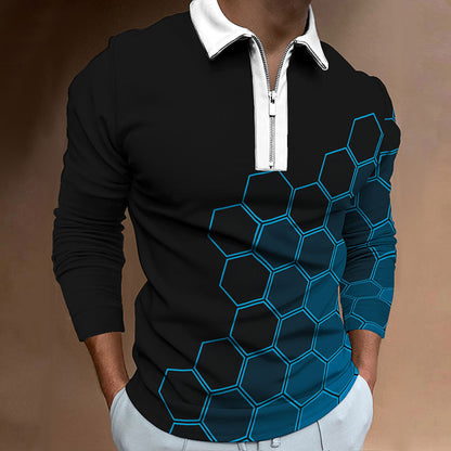 Herren Polo-Shirt Modern Wabenmuster Kontrast Reißverschluss