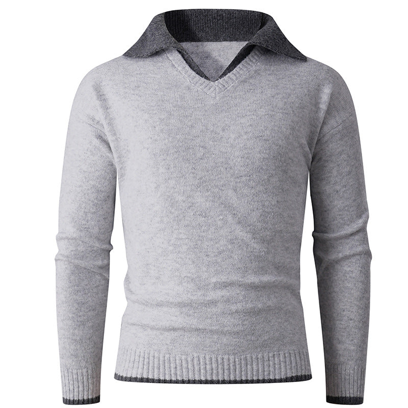 Herren Pullover V-Ausschnitt Eleganter Kontrastkragen Modern