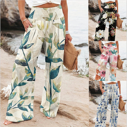 Damen Strandhose Weit Bequem Elastisch Floral