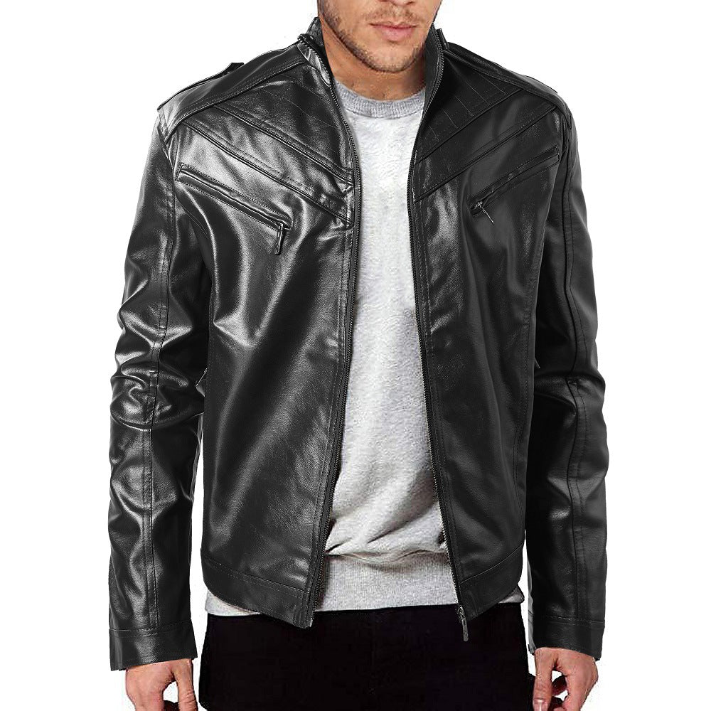 Herren Lederjacke Bikerstil Steppdetail Schwarz
