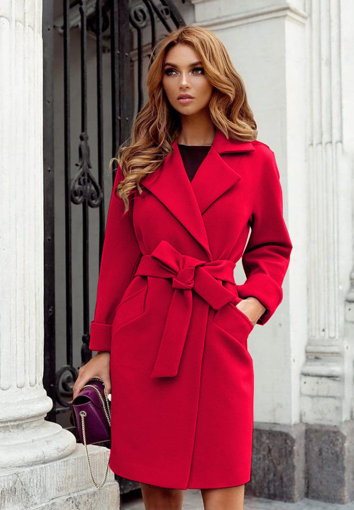 Eleganter Damen Trenchcoat Lang mit Gürtel und Taschen