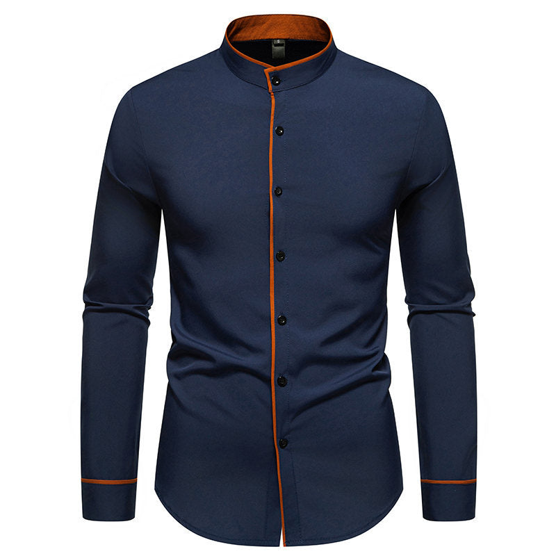 Elegantes Herren Langarmhemd Modern Stehkragen Kontrastnähte
