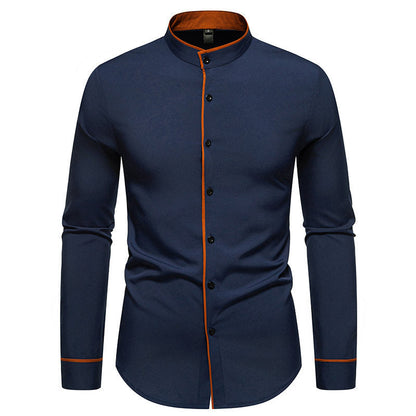 Elegantes Herren Langarmhemd Modern Stehkragen Kontrastnähte