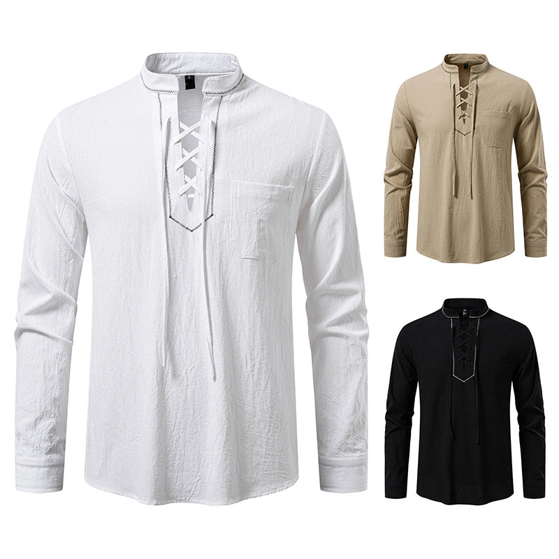 Herren Langarmshirt Modern Stehkragen Schnüren
