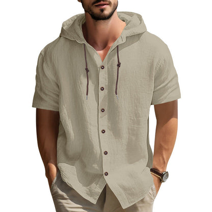 Herren Kapuzenhemd Kurzarm Holzknöpfe Streetwear