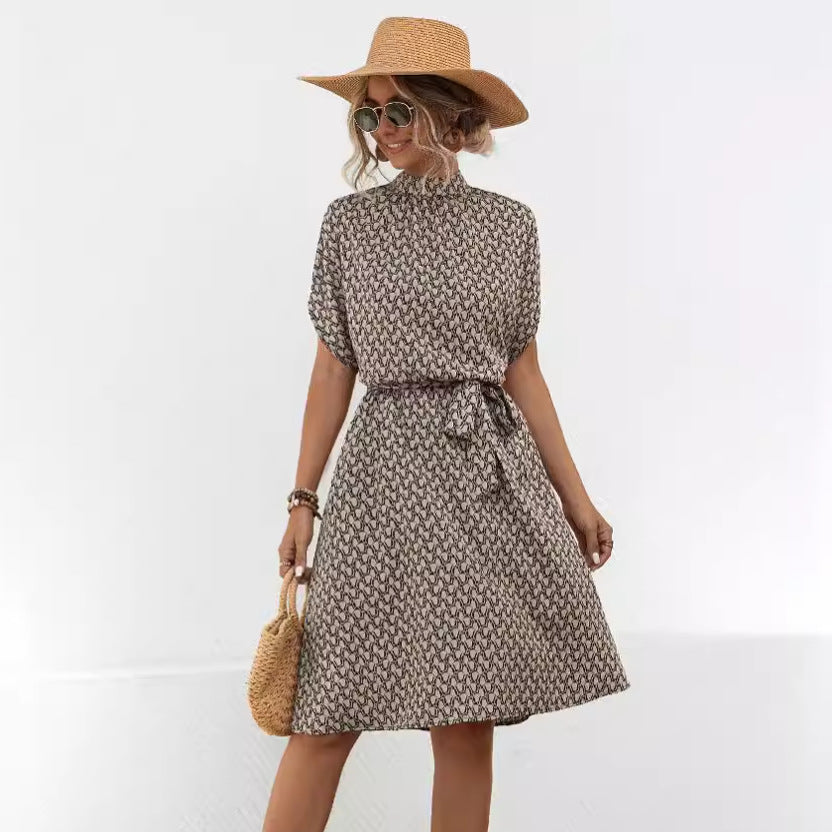 Damen Kleid Bogenmuster Hochkragen Mit Gürtel Elegant
