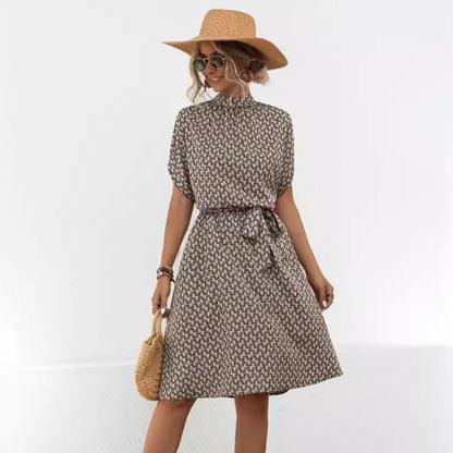 Damen Kleid Bogenmuster Hochkragen Mit Gürtel Elegant