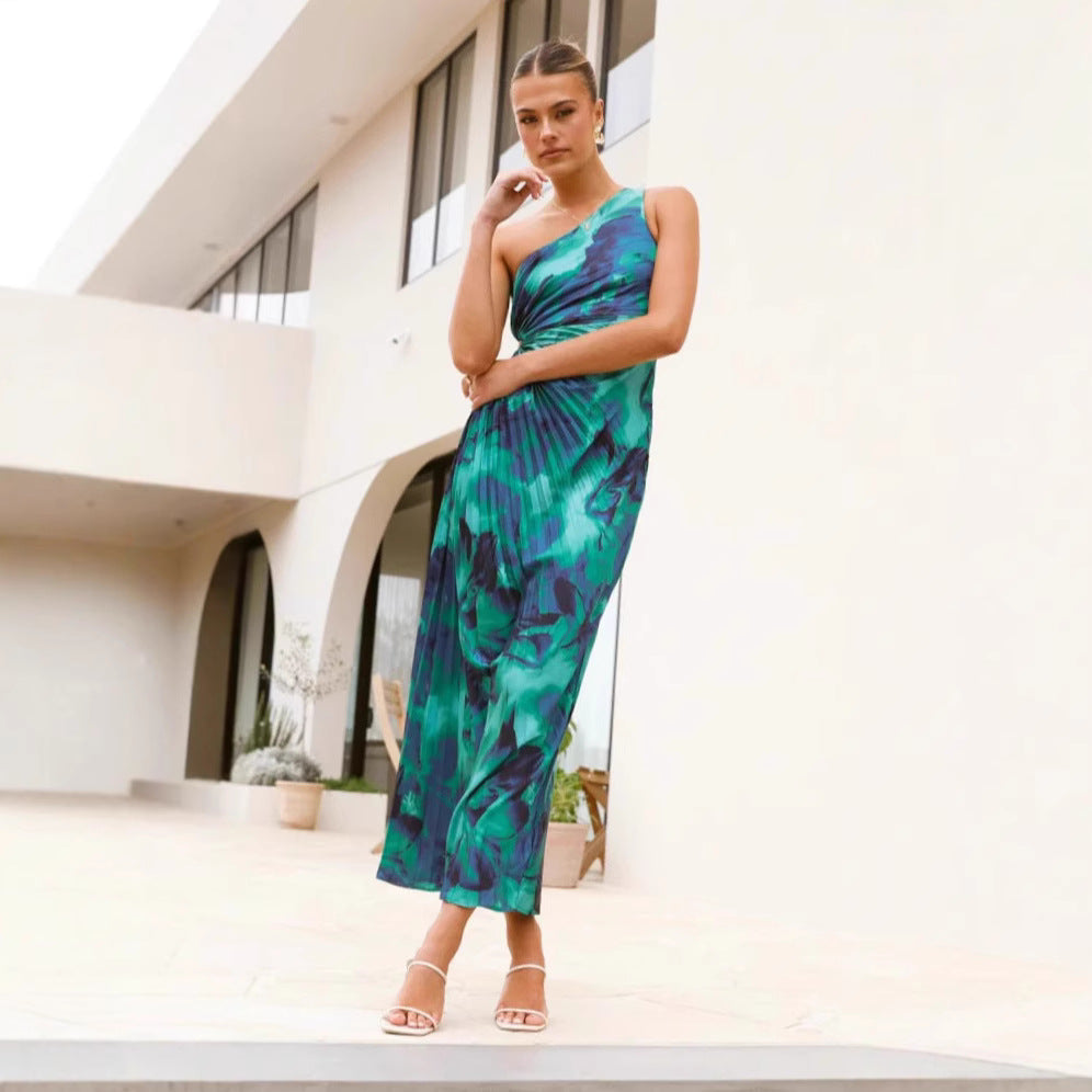 Elegantes Maxikleid Damen Asymmetrisch Falten Chic