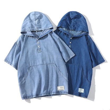 Herren Kapuzen-T-Shirt Modern mit Knöpfen und Taschen - BerlinGlamour