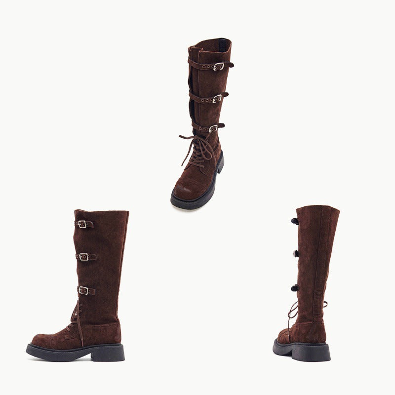 Damen Stiefel Overknee Plateau mit Schnallen Schwarz Modisch