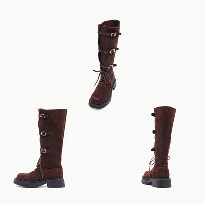 Damen Stiefel Overknee Plateau mit Schnallen Schwarz Modisch