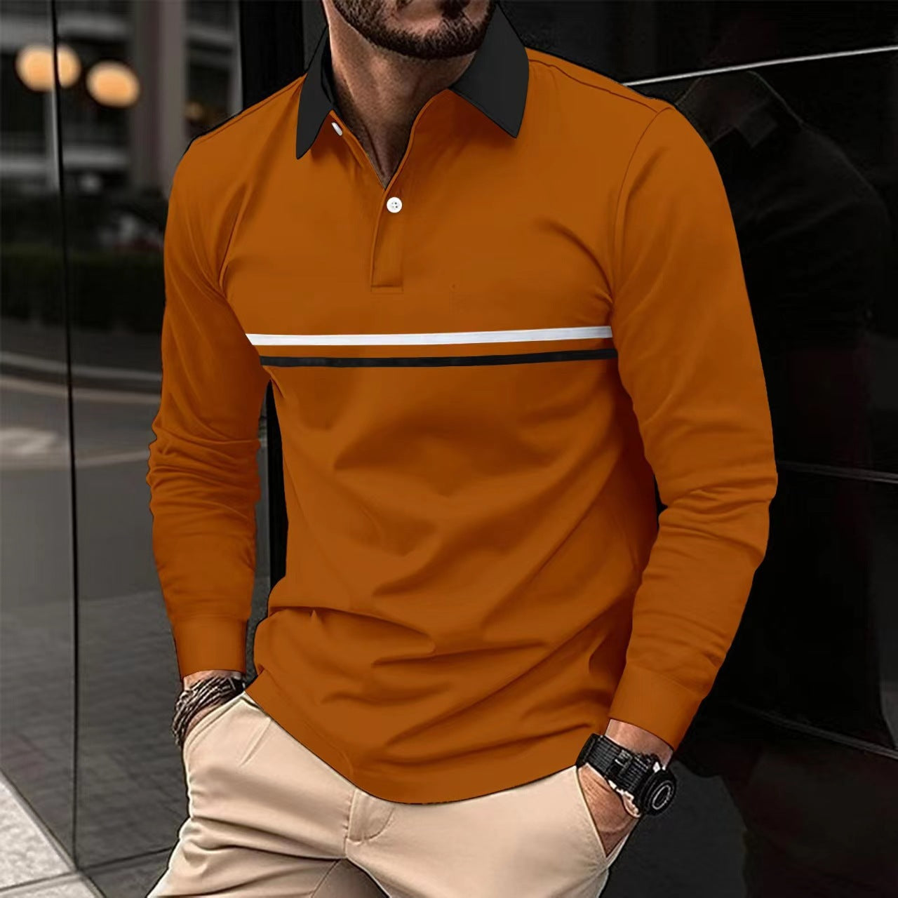Herren Langarm-Polo Sportlich Kontrastkragen Modern