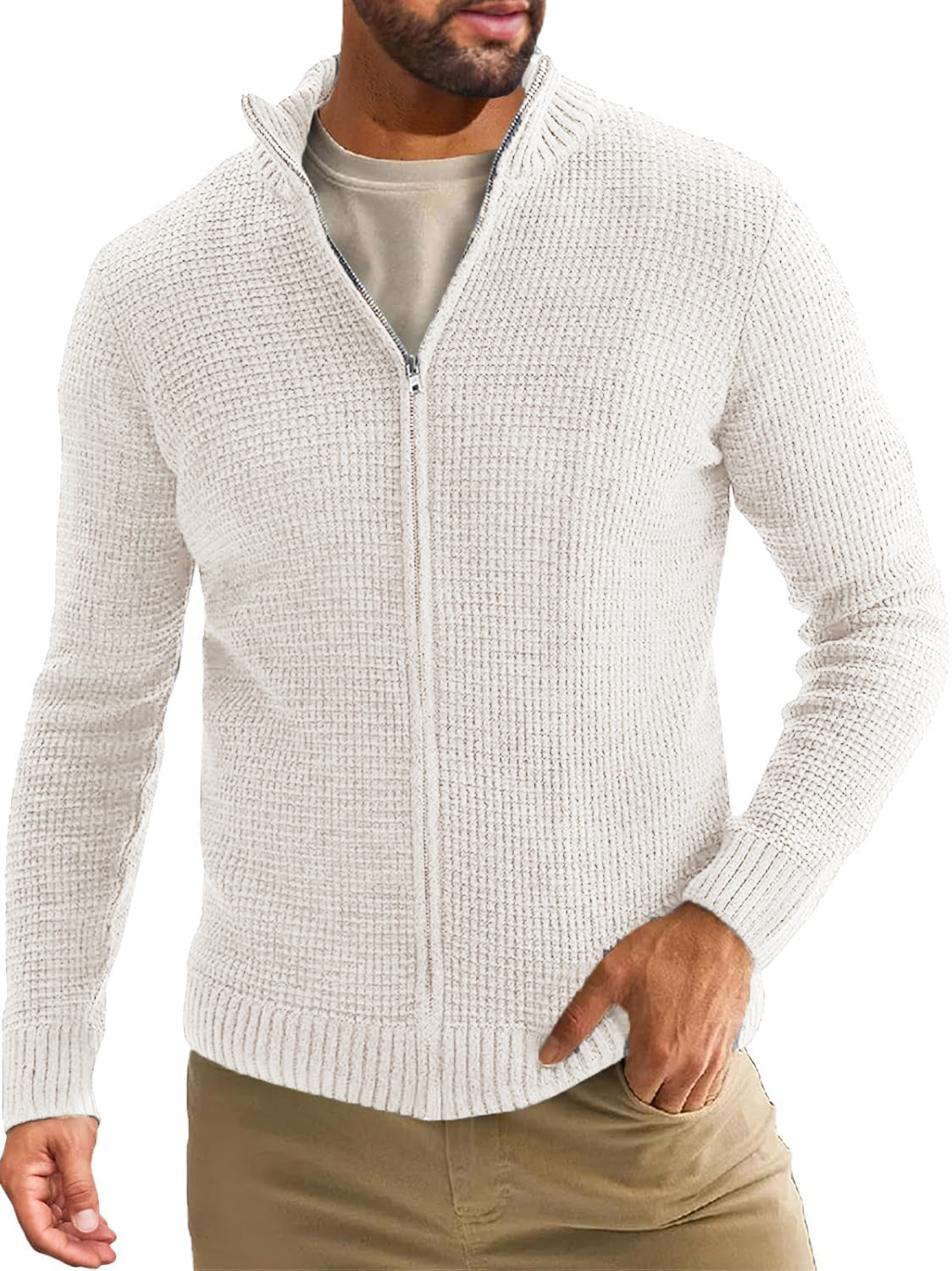 Herren Strickjacke Lang Reißverschluss Hochkragen Winter