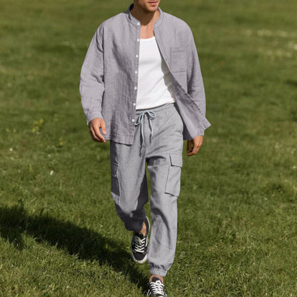 Herren Leinenhemd Bequem mit Taschen und Hose