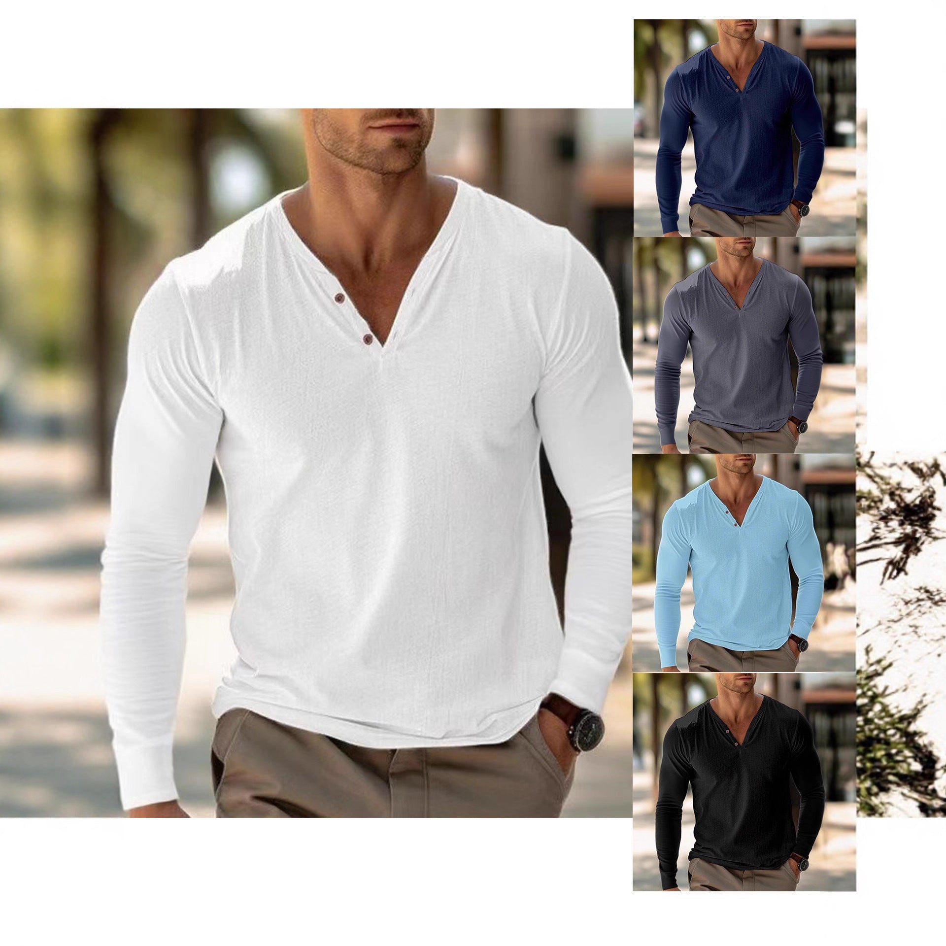 Herren Langarmshirt Elegantes Design Stehkragen Knöpfe Modern - BerlinGlamour