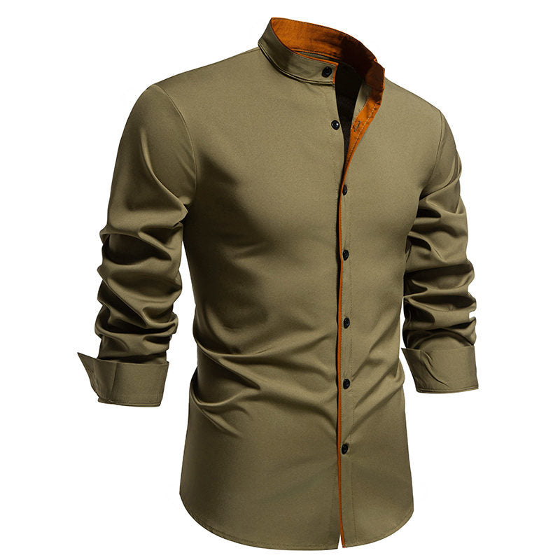 Elegantes Herren Langarmhemd Modern Stehkragen Kontrastnähte