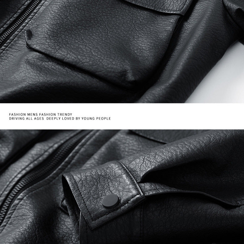 Lederjacke Herren Lässig Mit Taschen Elastisch Schwarz