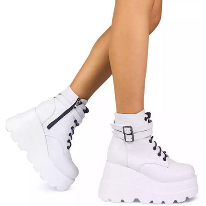 Damen Plateau-Stiefel Schnallen-Design Höhe Reißverschluss Schwarz