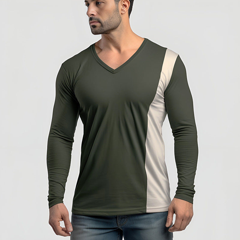 Herren Langarmshirt Modern V-Ausschnitt Farbblock Design - BerlinGlamour