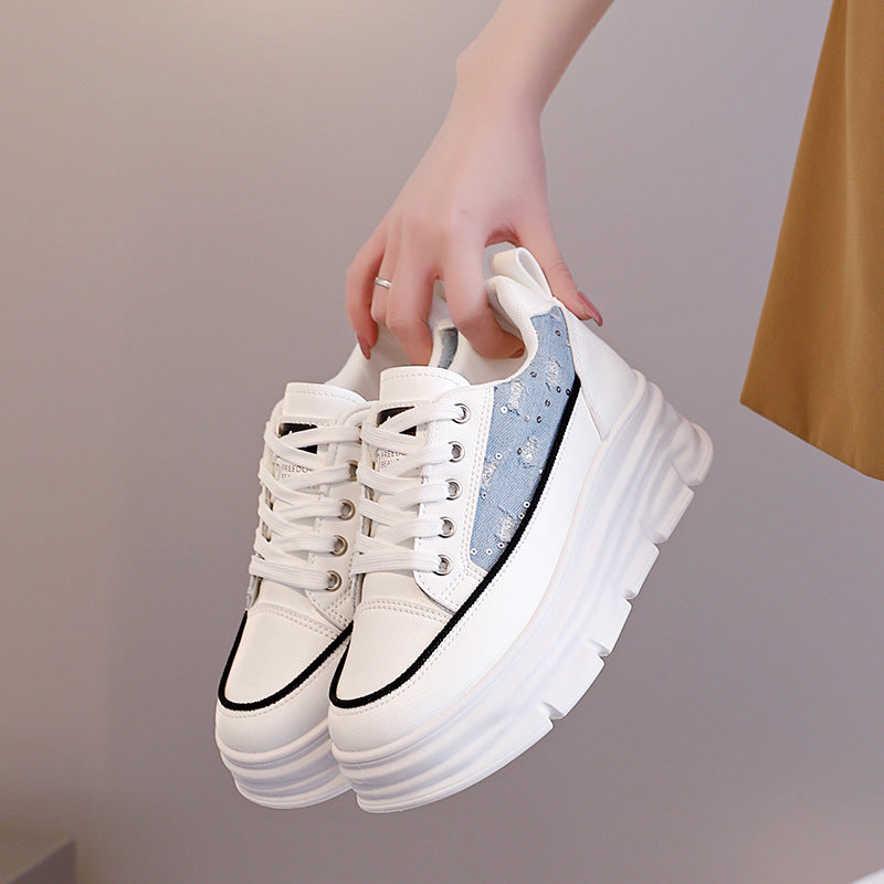 Damen Sneaker Plattform Schuhe Hoch mit Denim Akzent
