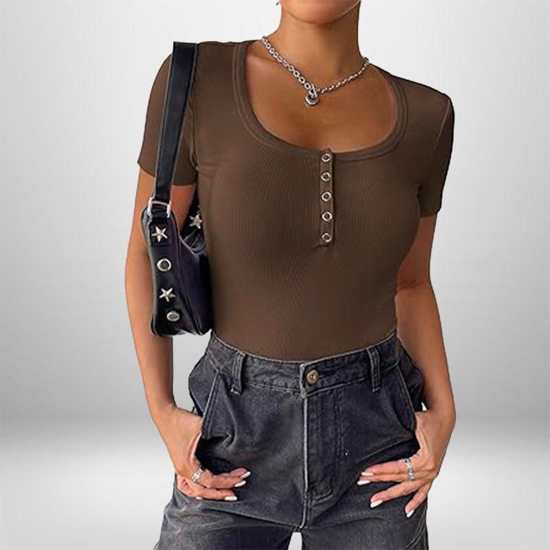 Damen Bodysuit Kurzarm Figurformend Mit Knöpfen