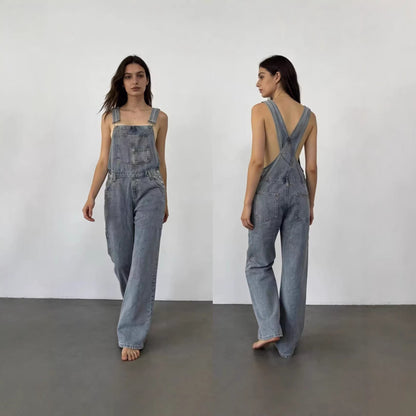 Damen Latzhose Jeans Weites Bein Tiefes Dekolleté